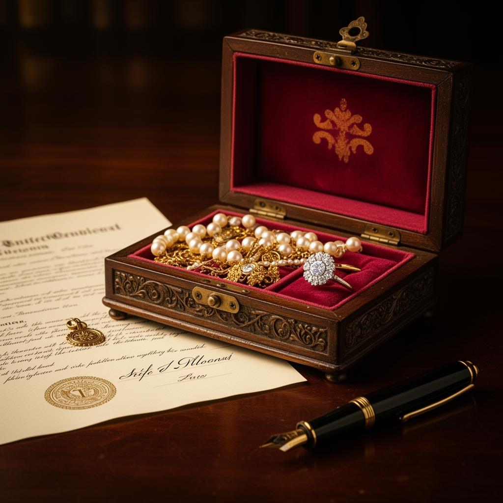 Joyero antiguo abierto con joyas heredadas junto a documento notarial