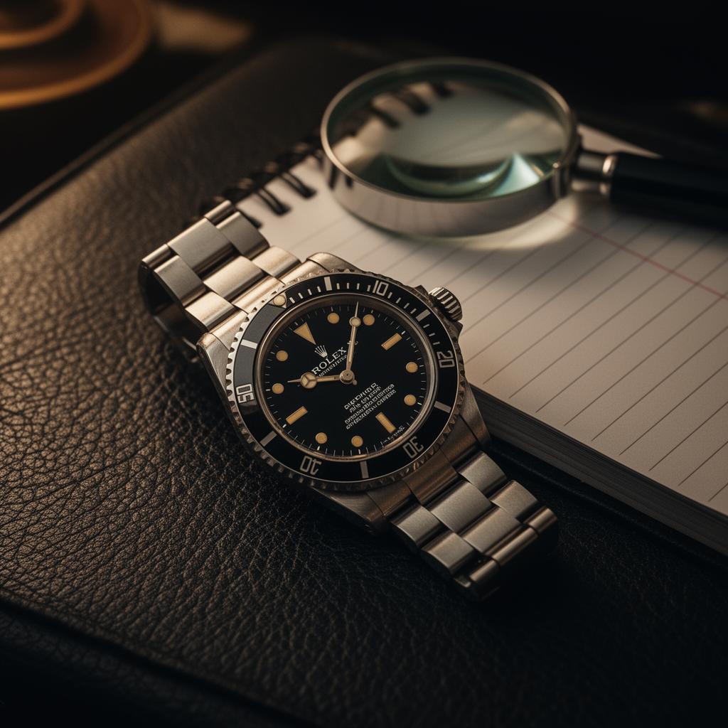 Reloj Rolex vintage sobre piel oscura junto a lupa de relojero