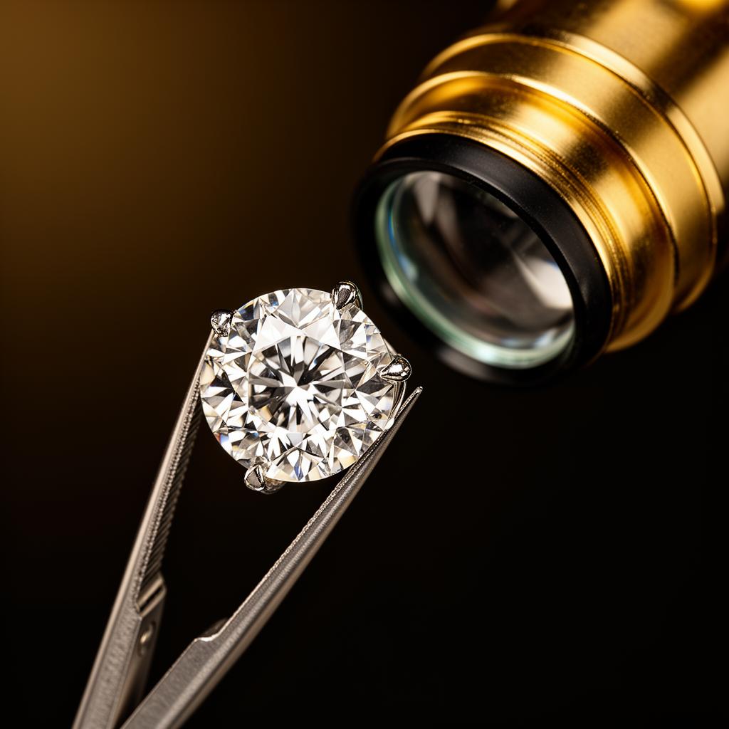 Diamante natural sujetado con pinzas bajo lupa gemológica